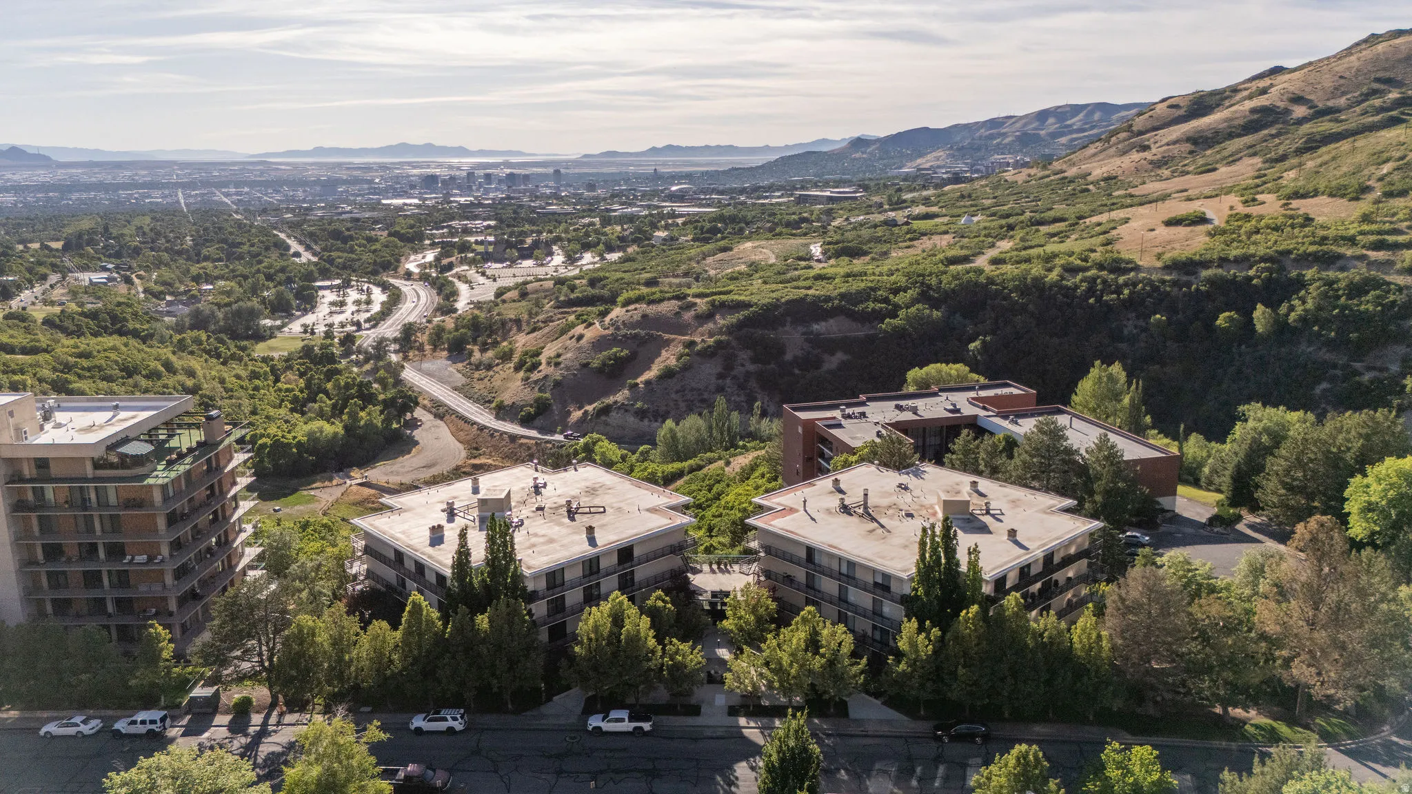 Aerial perspective showcasing multiple residential buildings nestled into a verdant hillside