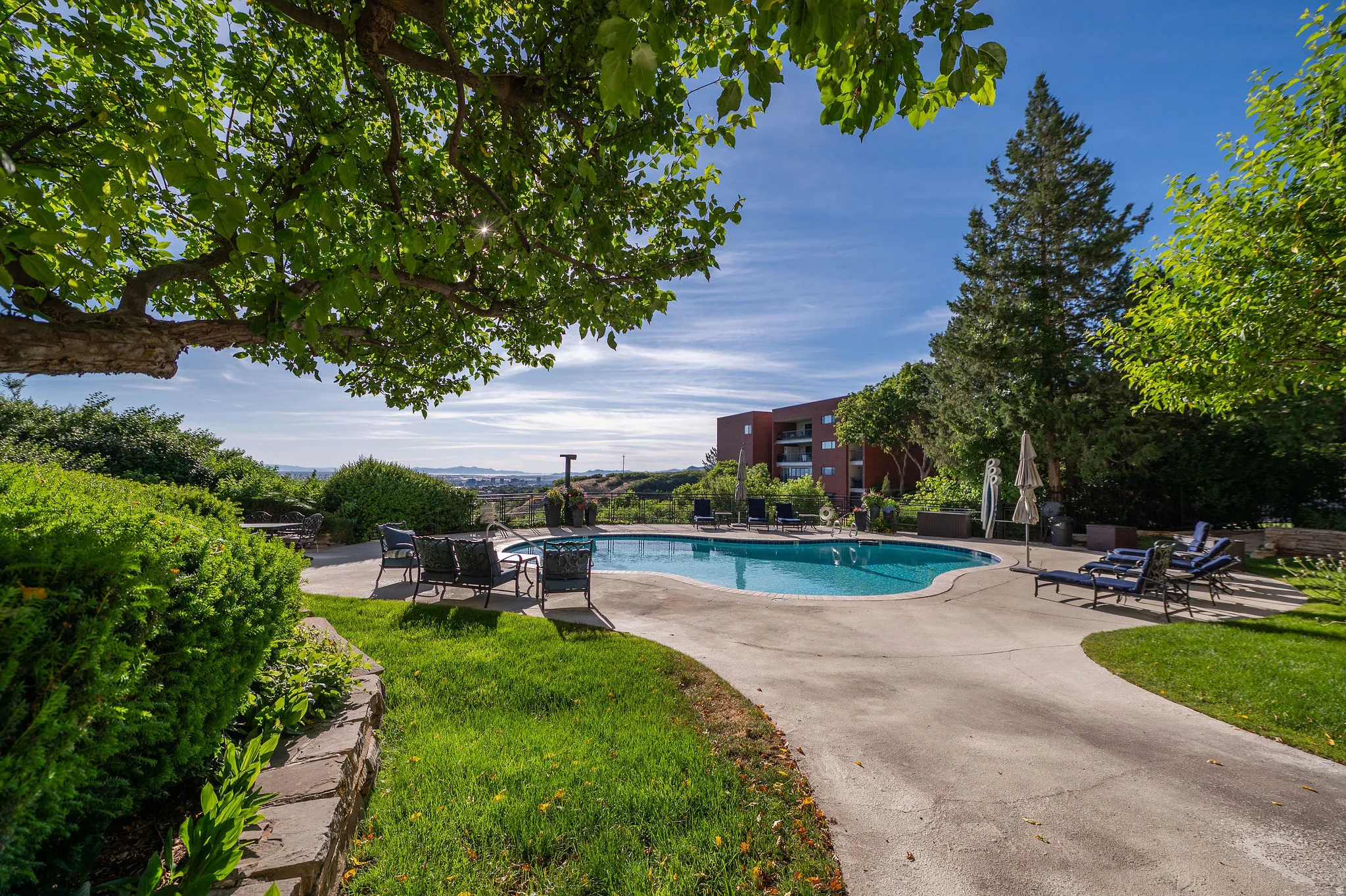 Resort-style pool area featuring an irregularly shaped pool, expansive concrete decking, mature landscaping with established trees, and a distant city skyline