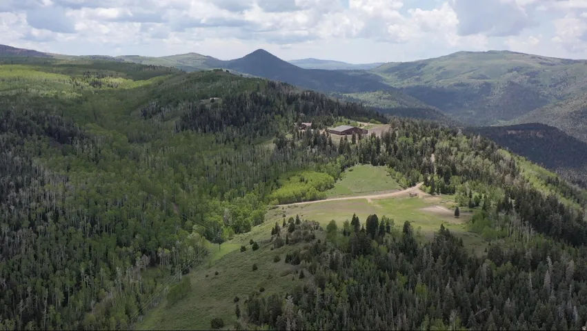 Expansive acreage with established structures, surrounded by dense forestation and open clearings
