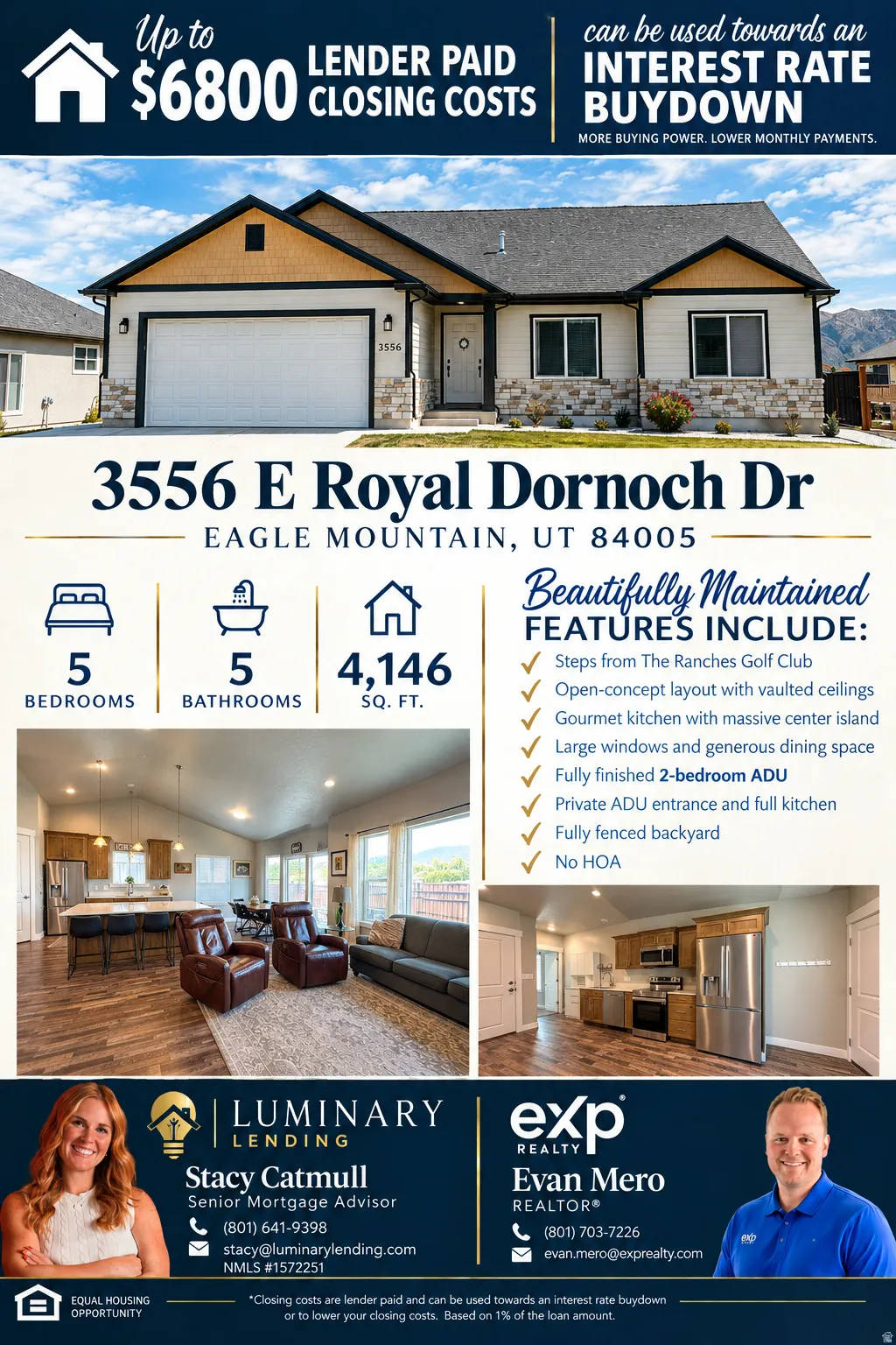 Real Estate Advertisement. Displaying property features, contact information for real estate and mortgage professionals, and financial incentives