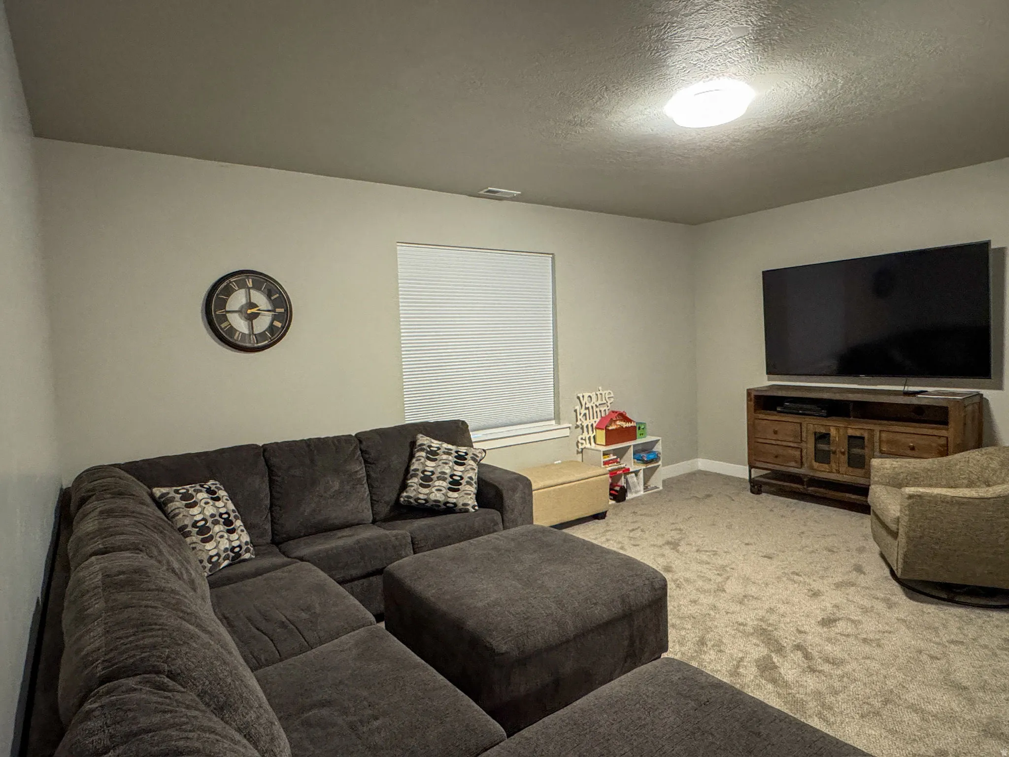 Carpeted room with a ceiling-mounted light fixture, window with blinds, and painted walls
