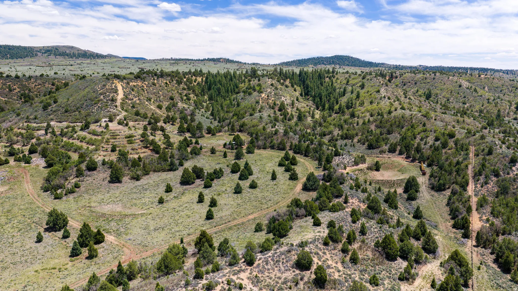Expansive undeveloped land featuring rolling hills, varied terrain, scattered evergreen trees, and visible dirt paths