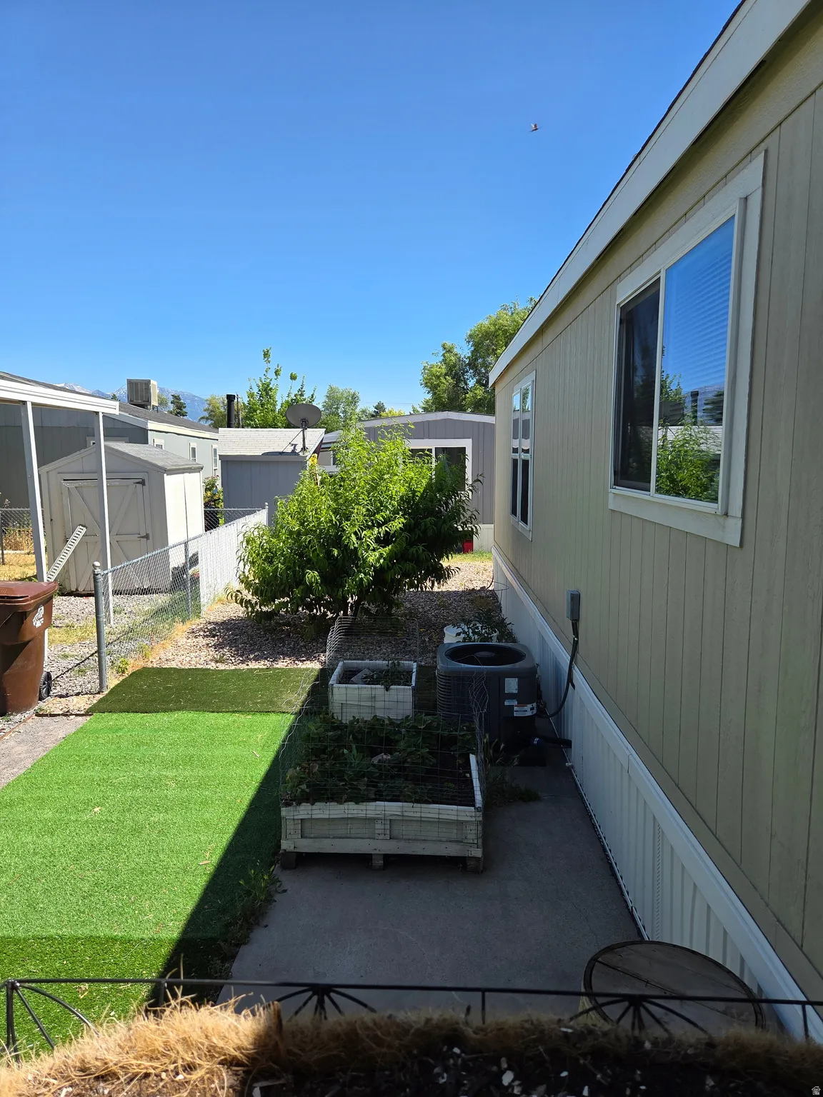 Side yard featuring artificial turf, raised garden beds, and a peach tree