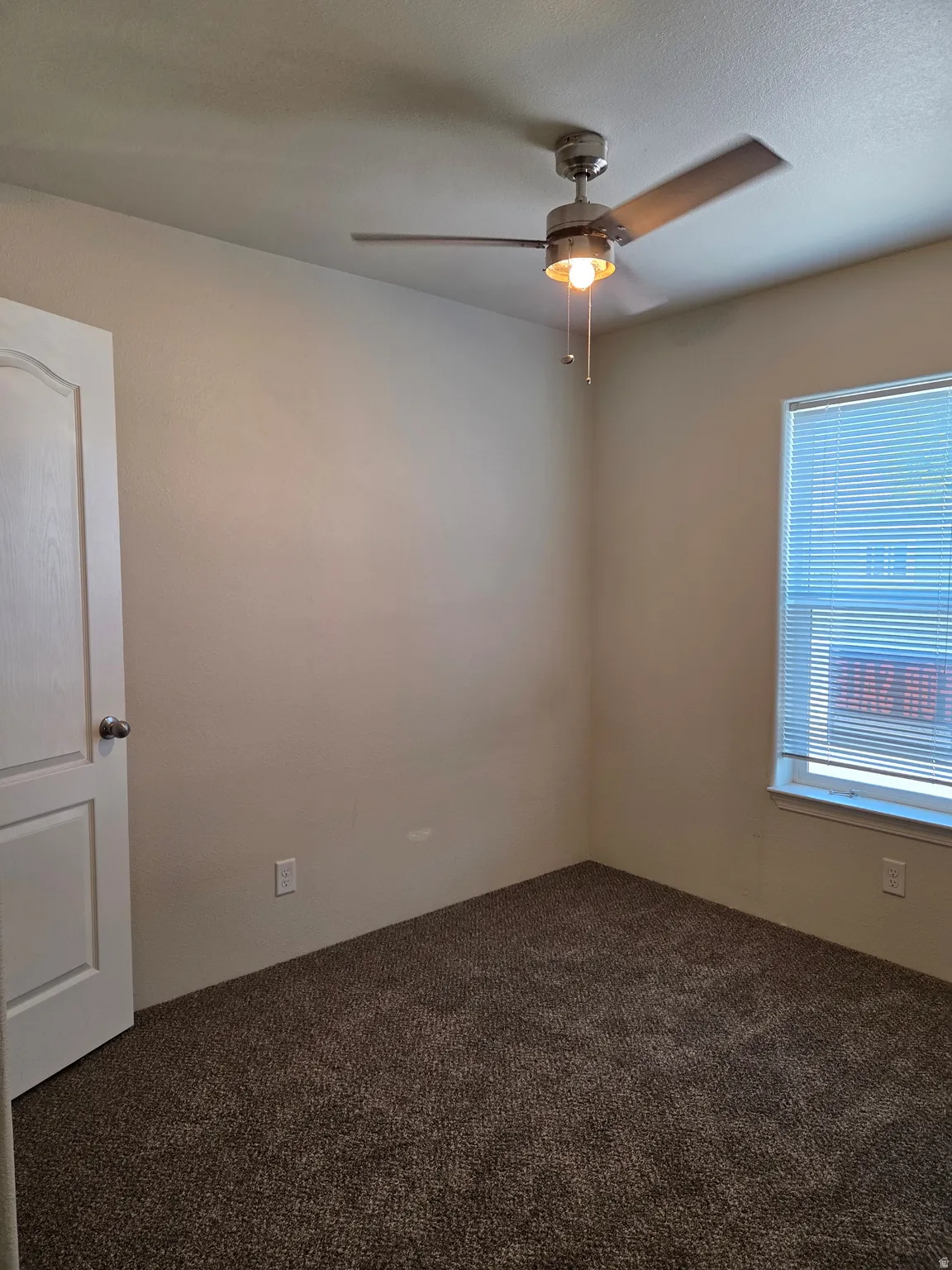 Carpeted room featuring a ceiling fan, a window and neutral wall tones