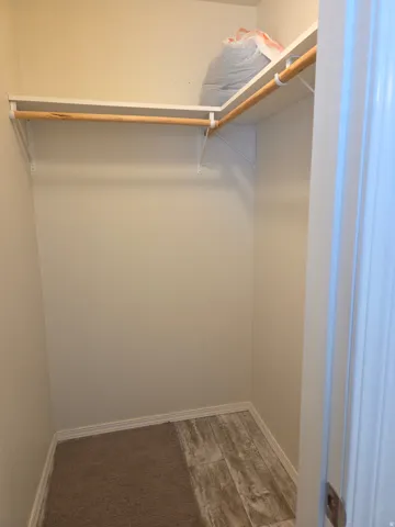 Walk-in closet featuring white shelving, a wood hanging rod, carpeted