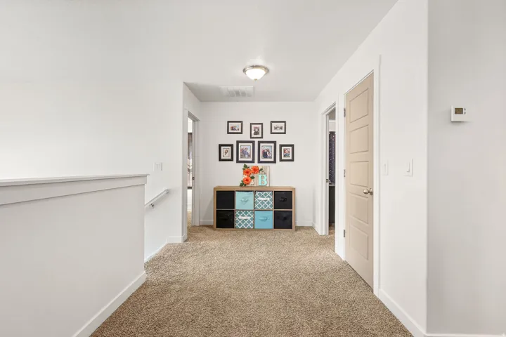 Carpeted hallway featuring white walls, a white railing with a metal handrail, a flush-mount ceiling light, and panel doors