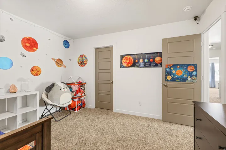 Carpeted room with a solid-core interior door, a built-in shelf unit, and a visible ceiling-mounted smoke detector