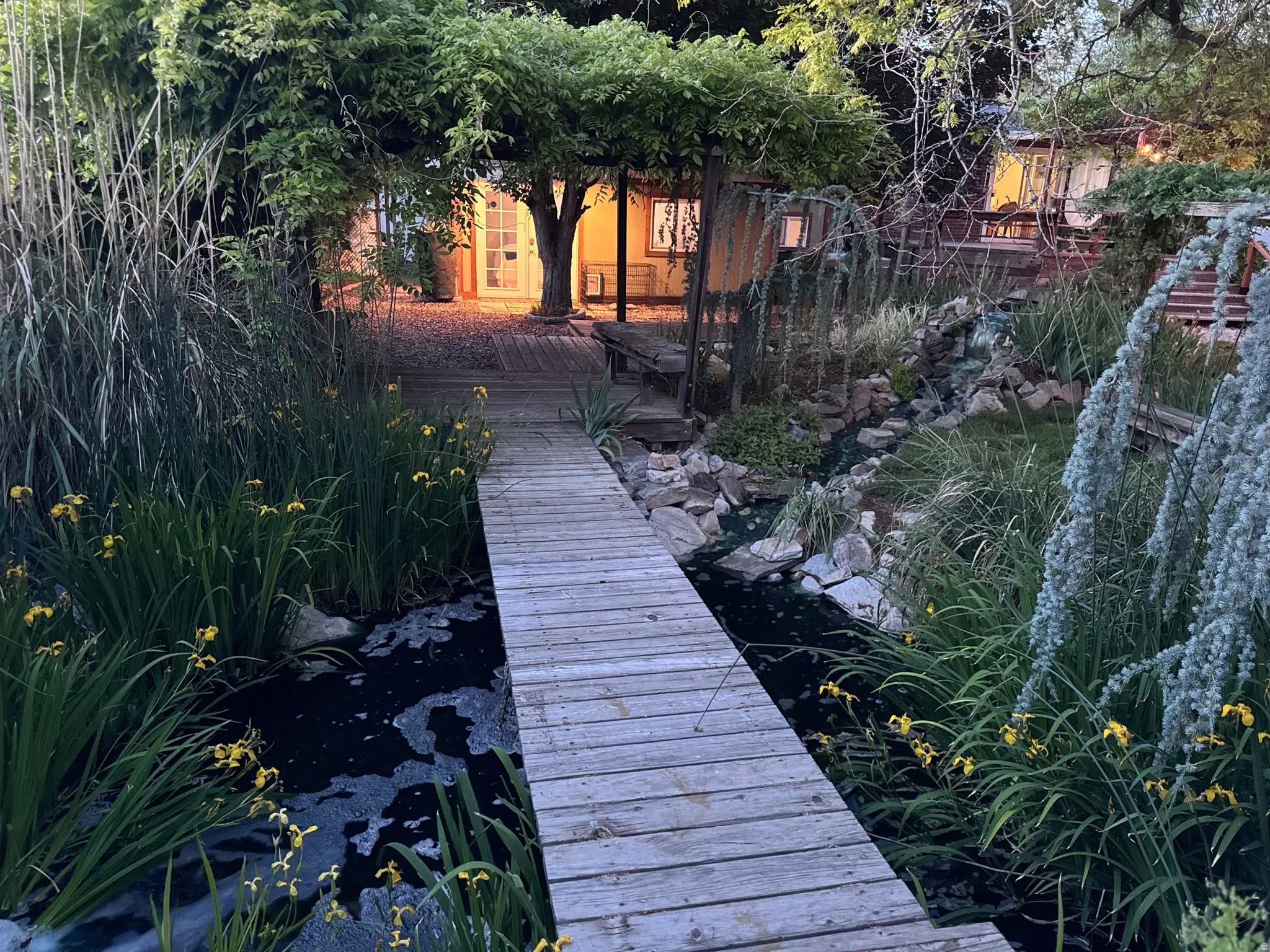 Wood-finish boardwalk over a water feature with dense plantings