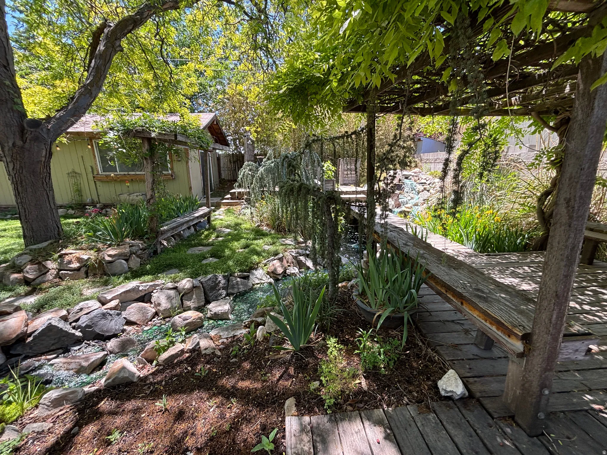 Expansive outdoor living area featuring a wooden pergola with mature vines, a wooden deck, and a rock-lined water feature