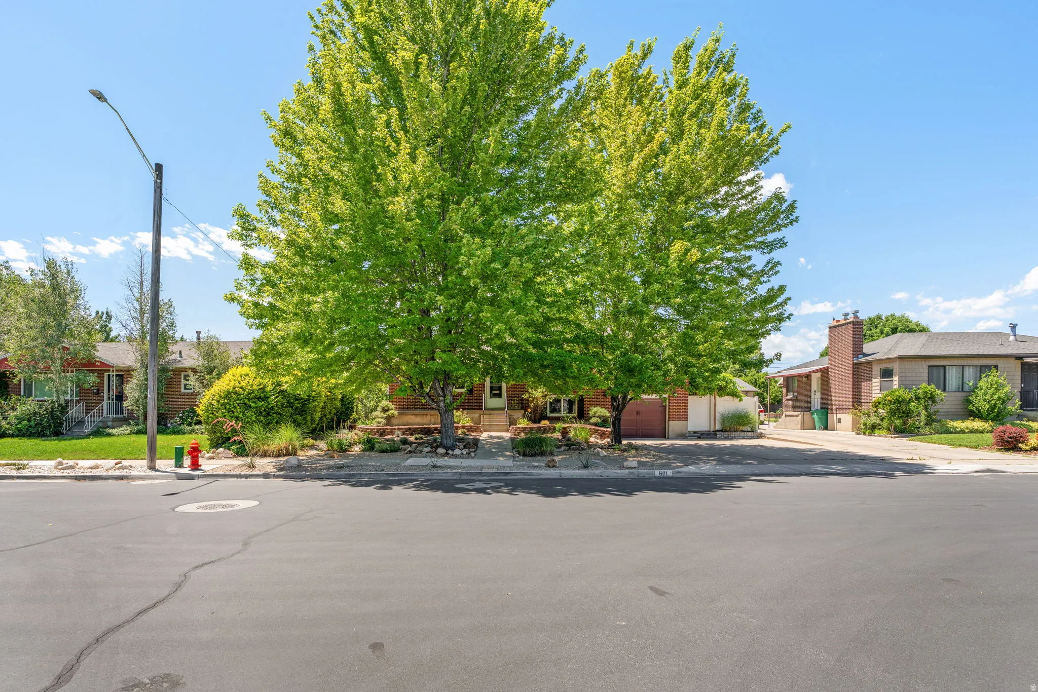Mature front yard trees frame the home, established landscaping, and a paved driveway leading to an attached garage