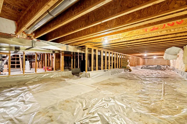 Climate controlled crawl space with vapor barrier
