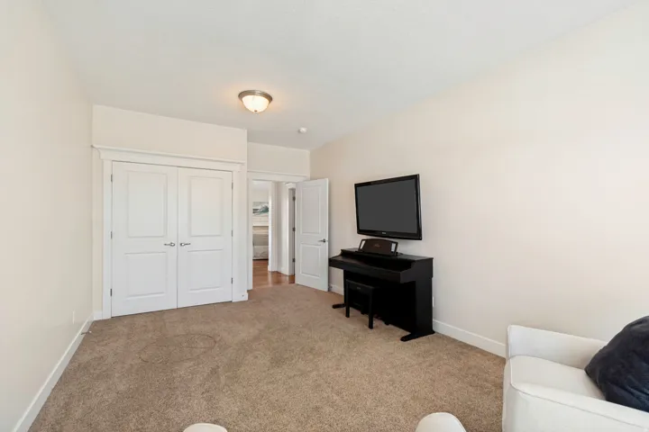 Carpeted room featuring a double-door closet with white panel doors, overhead flush-mount lighting, and baseboard trim