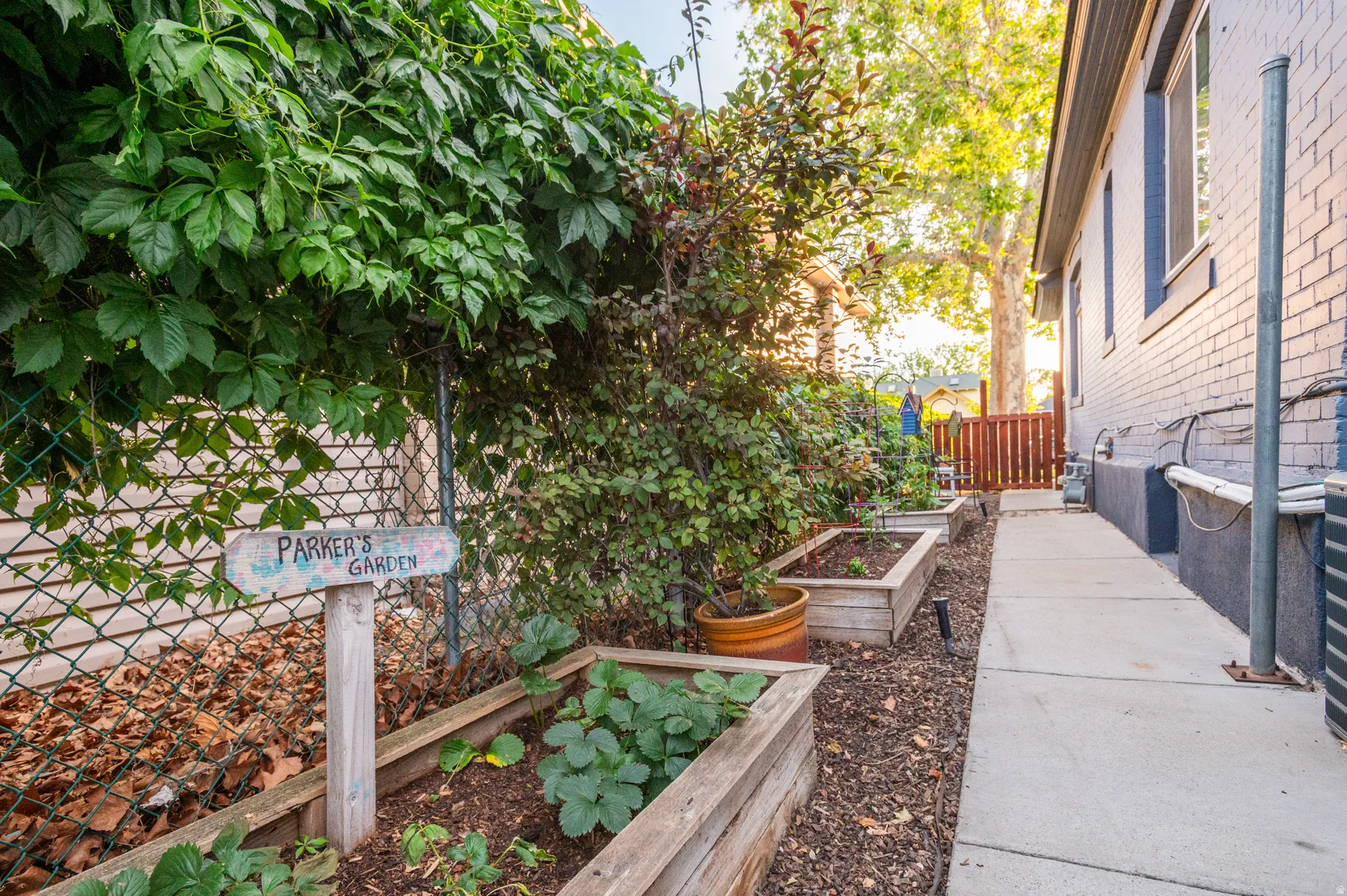 Side yard with raised garden beds, a concrete pathway, a brick exterior wall, and a wood privacy fence