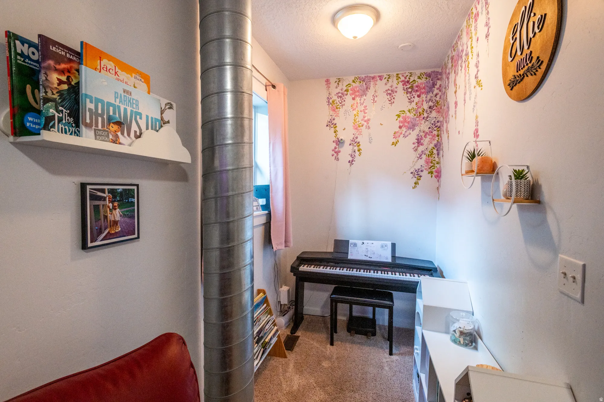 Compact room featuring soft carpet flooring and a window with pink drapery