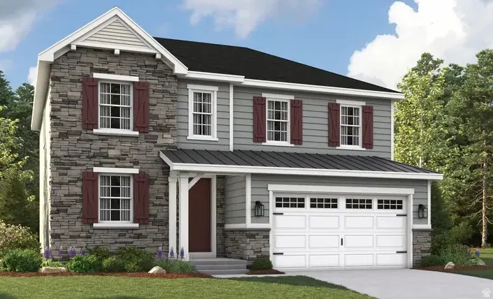 Two-story residence featuring a stone and siding facade, contrasting red shutters, a black metal roof accent, and an attached two-car garage