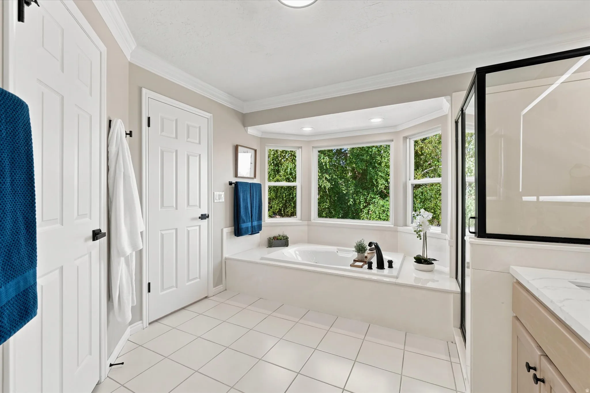 Bathroom featuring a built-in soaking tub with a bay window surround