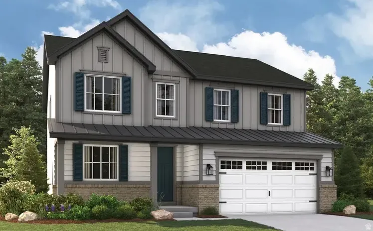 Contemporary two-story exterior featuring board and batten siding, horizontal siding, and brick accents