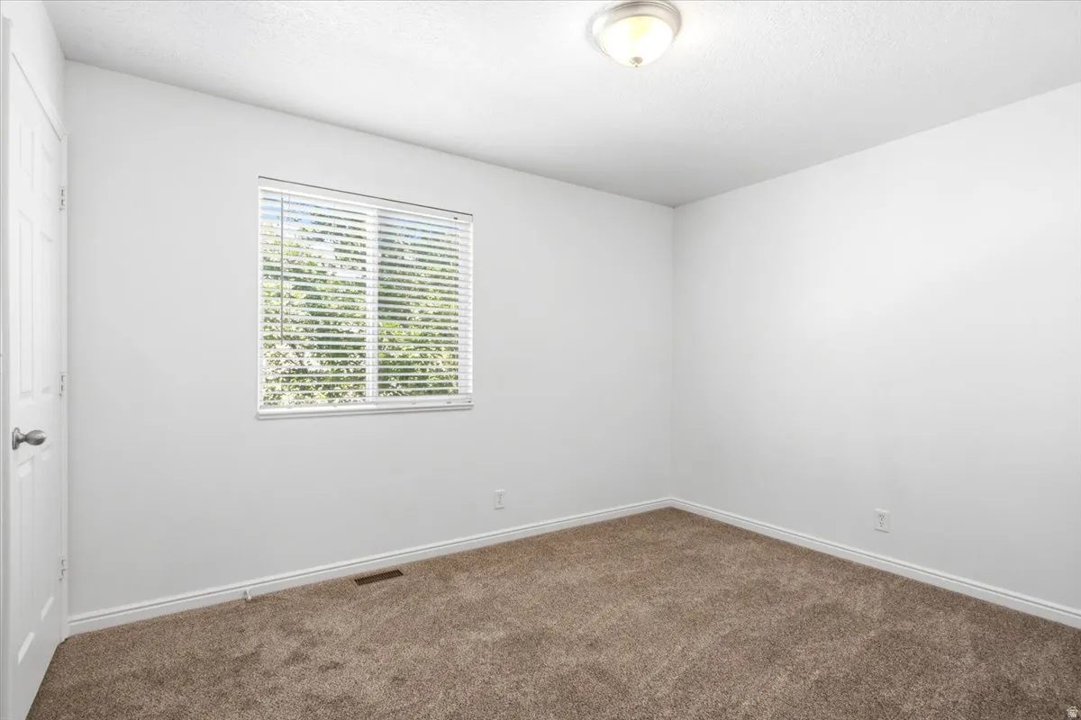 Bright room featuring a single window with horizontal blinds, neutral carpet flooring, white walls, and a flush-mount ceiling light fixture
