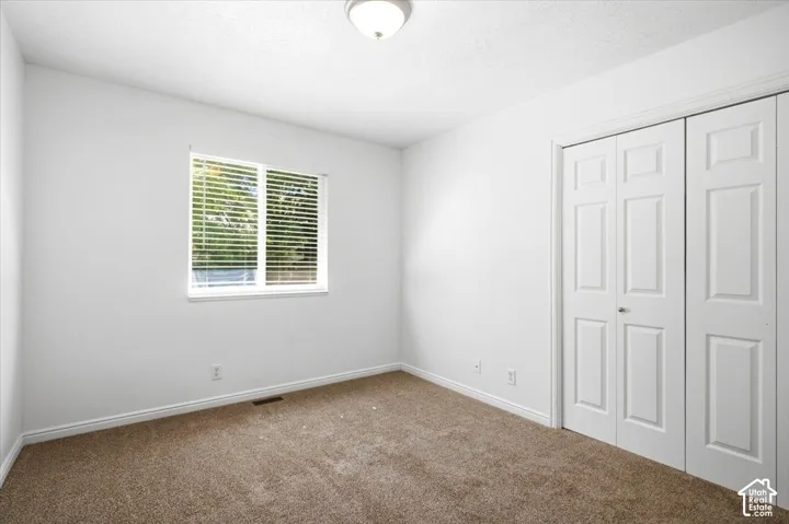 Carpeted room featuring a white window with horizontal blinds, white baseboards, and a bi-fold closet door