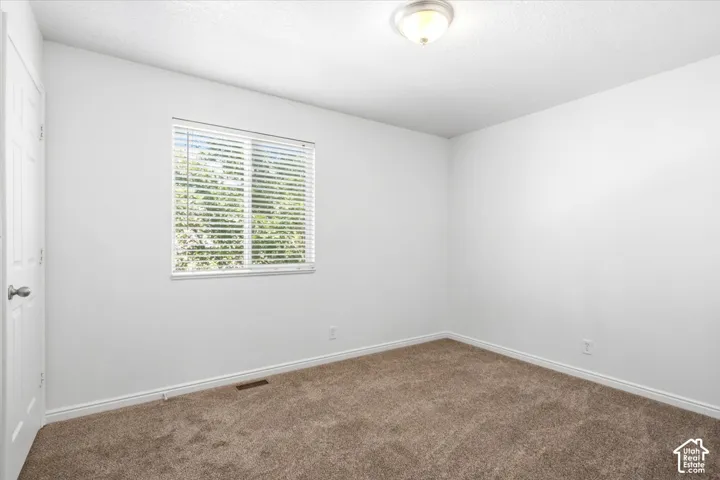Bright room featuring a single window with horizontal blinds, neutral carpet flooring, white walls, and a flush-mount ceiling light fixture