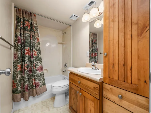 Full bathroom featuring a single vanity, wood-finish cabinetry, and a tub-shower combination