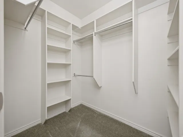 Walk-in closet featuring white built-in shelving, multiple hanging rods, and light gray carpet flooring