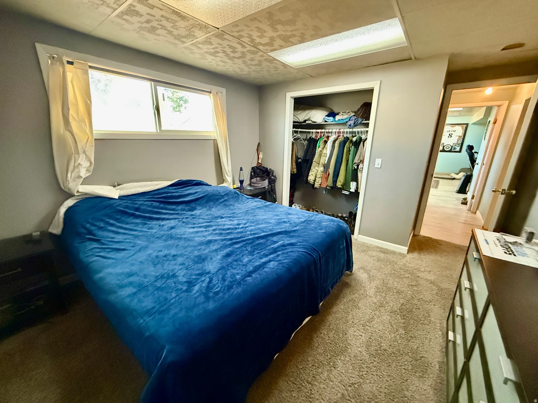 Bedroom featuring two windows, neutral gray walls, a built-in closet with shelving and hanging space, and textured carpeting