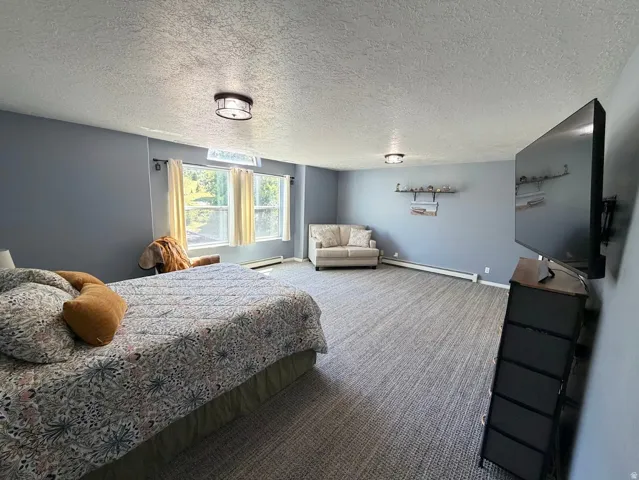 Spacious room featuring light blue walls, gray textured carpeting, multiple windows, and two ceiling-mounted light fixtures