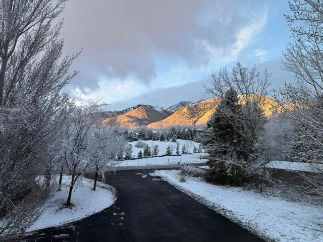 Paved driveway with surrounding snow-covered landscaping, featuring mature trees and distant mountains