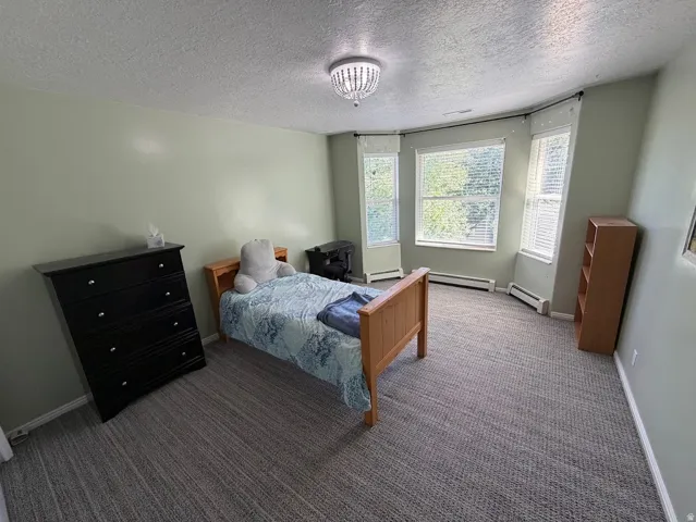 Room featuring a bay window with multiple panes, light-toned walls, textured ceiling, and patterned carpet flooring