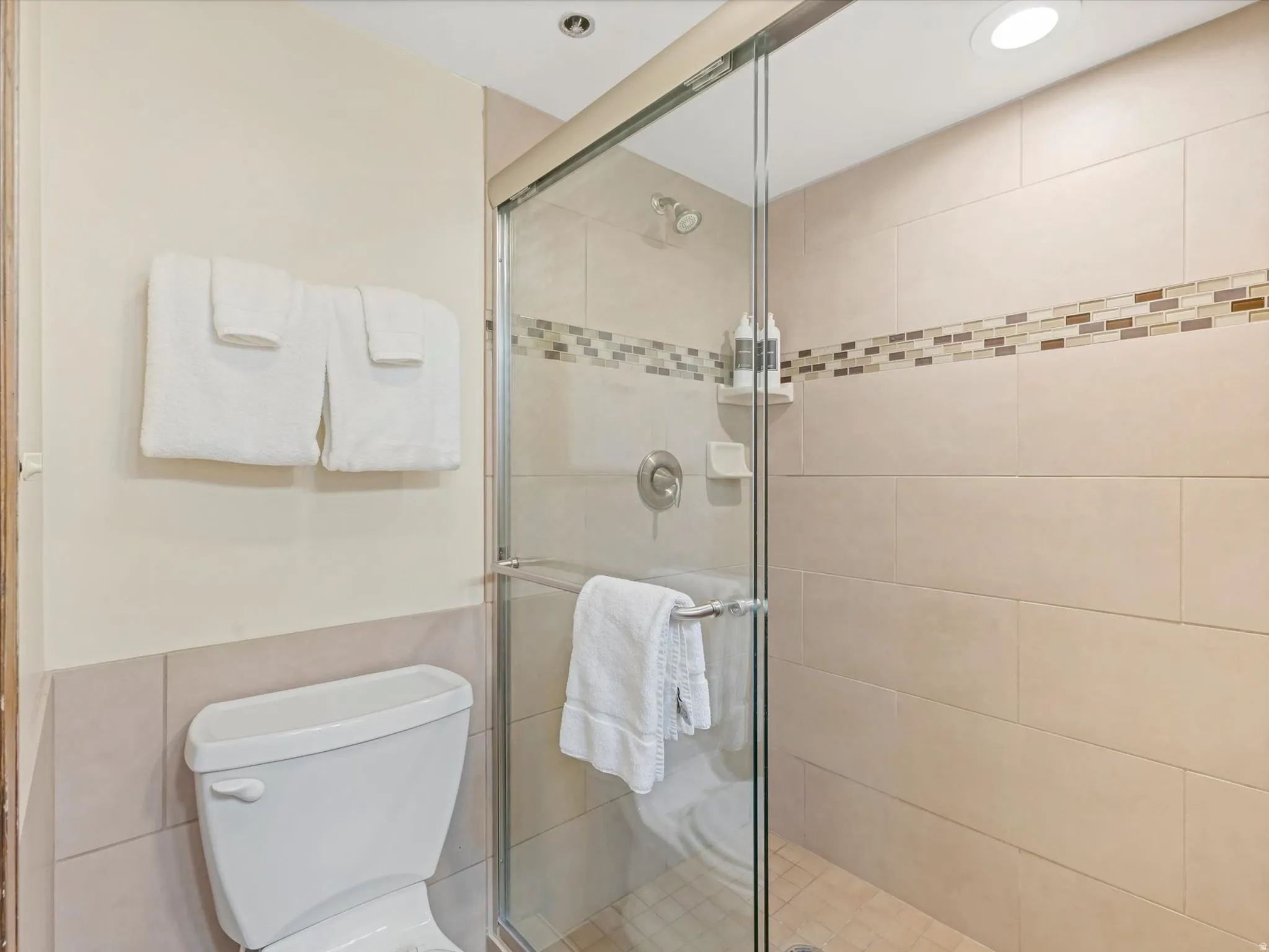 Walk-in shower featuring a glass enclosure with a polished chrome handle, large format tile surround, and a decorative mosaic tile accent band