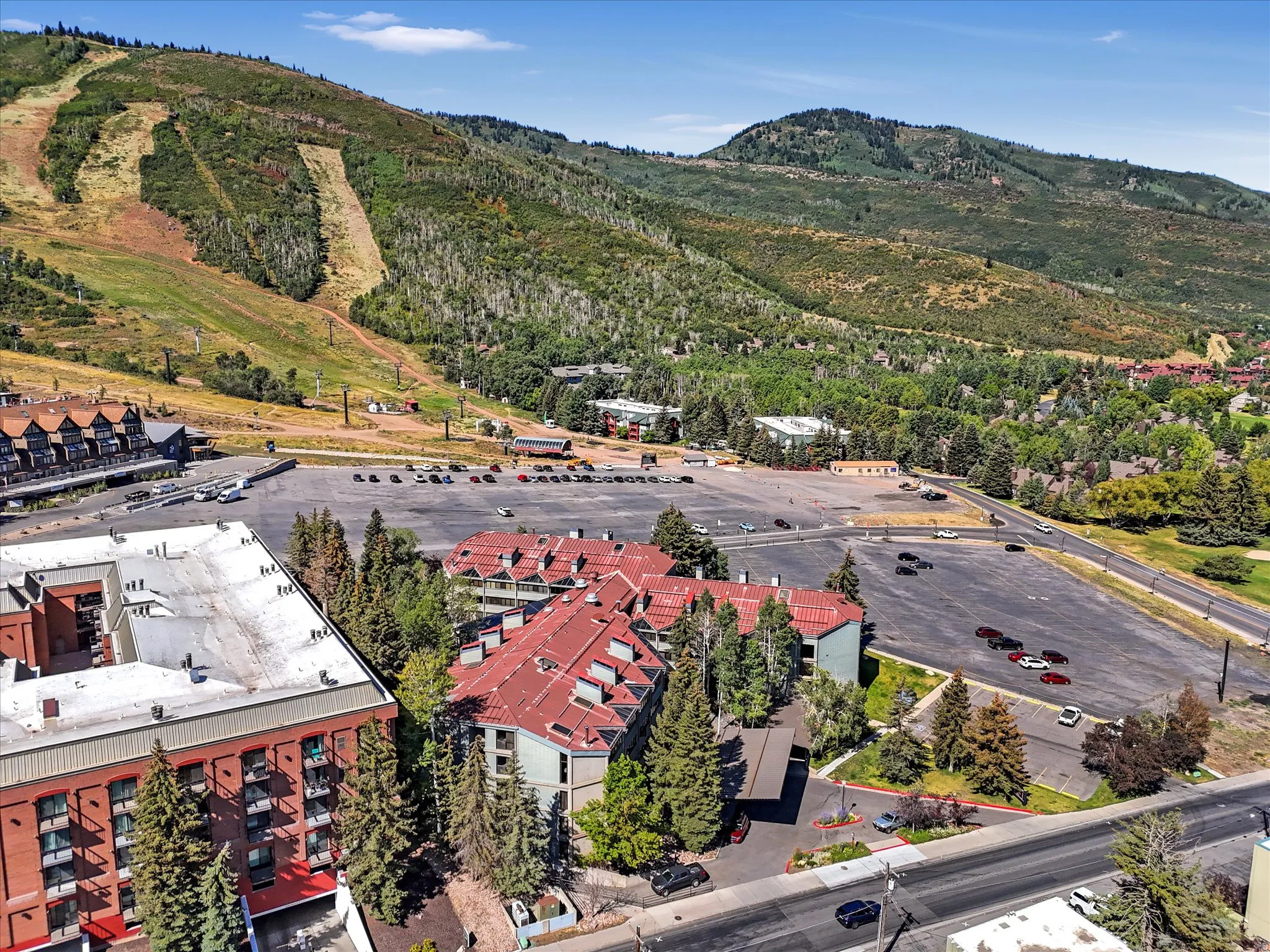 Mountainous landscape featuring ski slopes and forested terrain