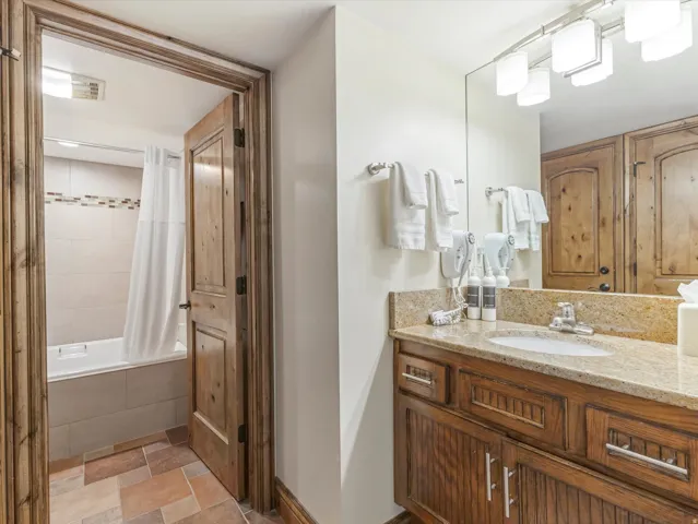 Bathroom featuring a wood-finish vanity with a stone countertop and an undermount sink