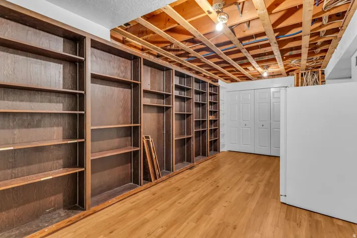Extensive built-in shelving providing significant storage capacity