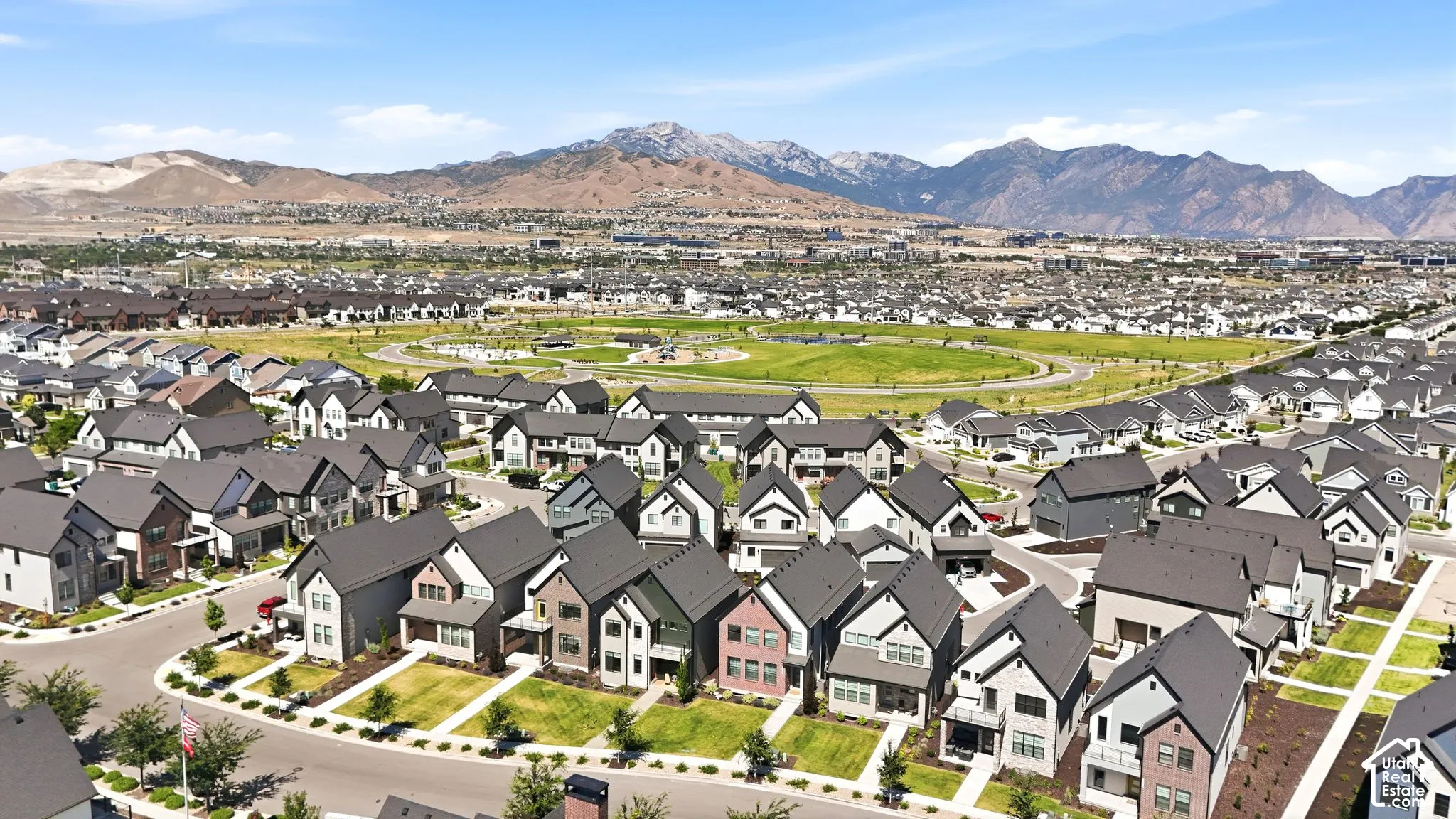 Aerial perspective showcasing a residential community with varied architectural styles