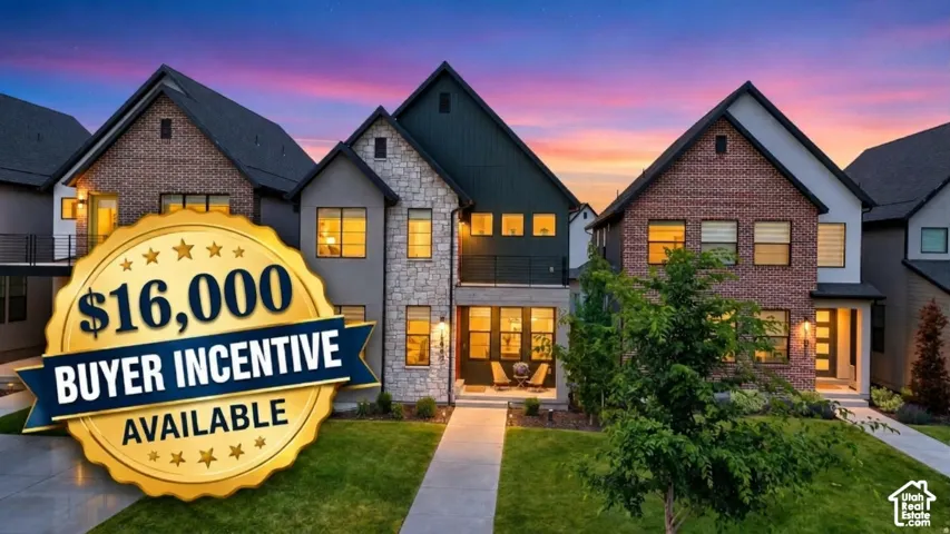 Real Estate Advertisement. Displaying multiple residential structures with an advertised buyer incentive