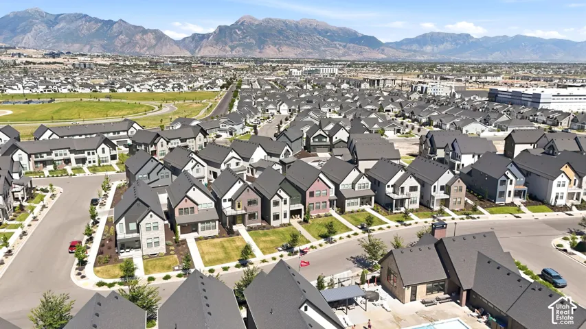 Residential community showcasing contemporary-style homes with dark-pitched roofs