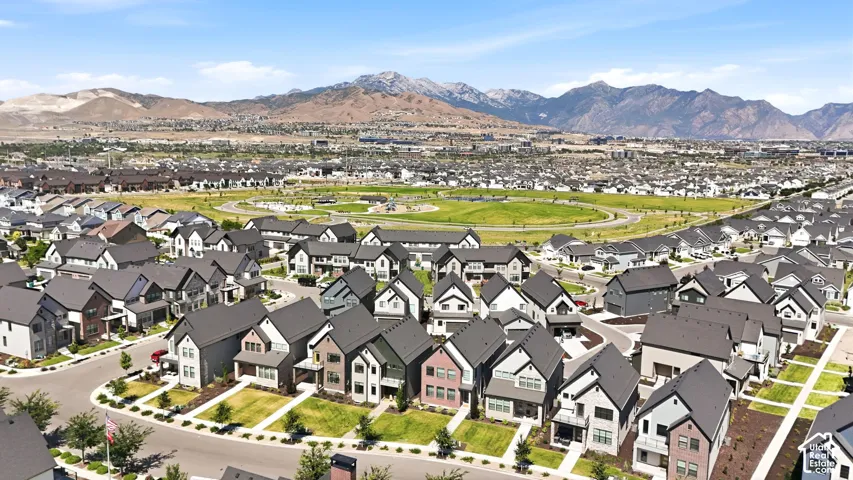 Aerial perspective showcasing a residential community with varied architectural styles