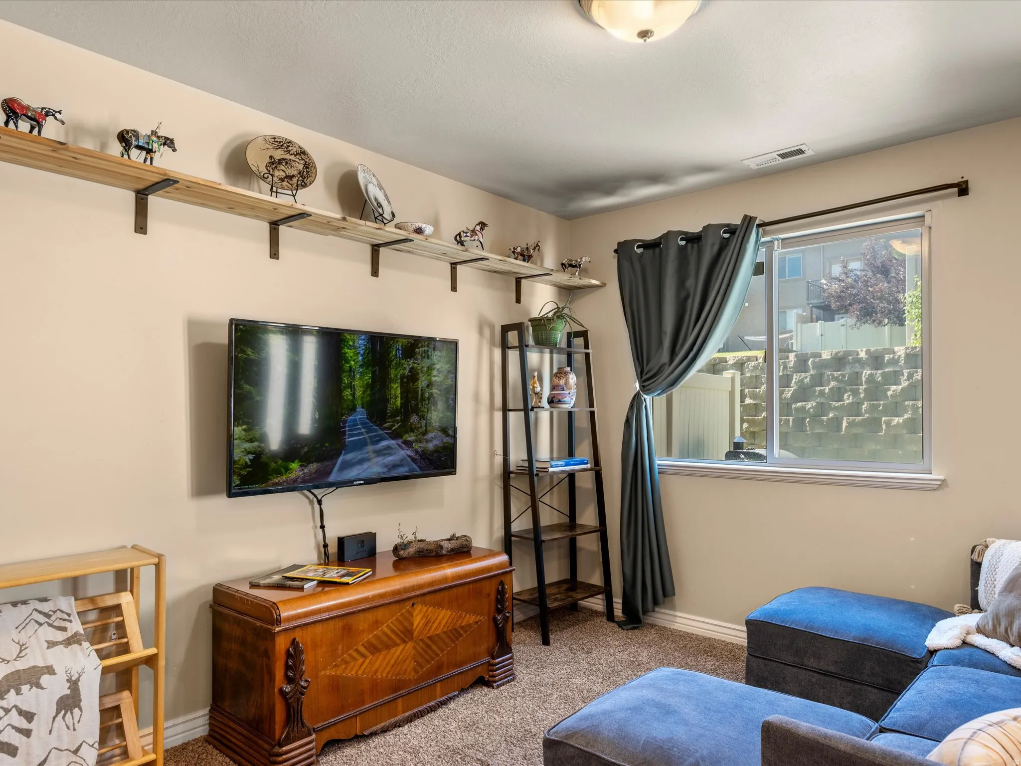 Carpeted living area featuring a wall-mounted television, a large window, and built-in shelving