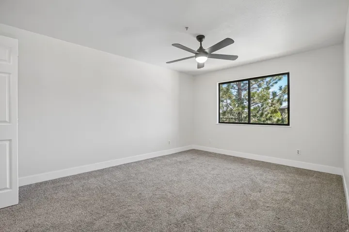 Bright room featuring a large window, textured gray carpeting, a contemporary ceiling fan, white baseboards, and a white paneled door