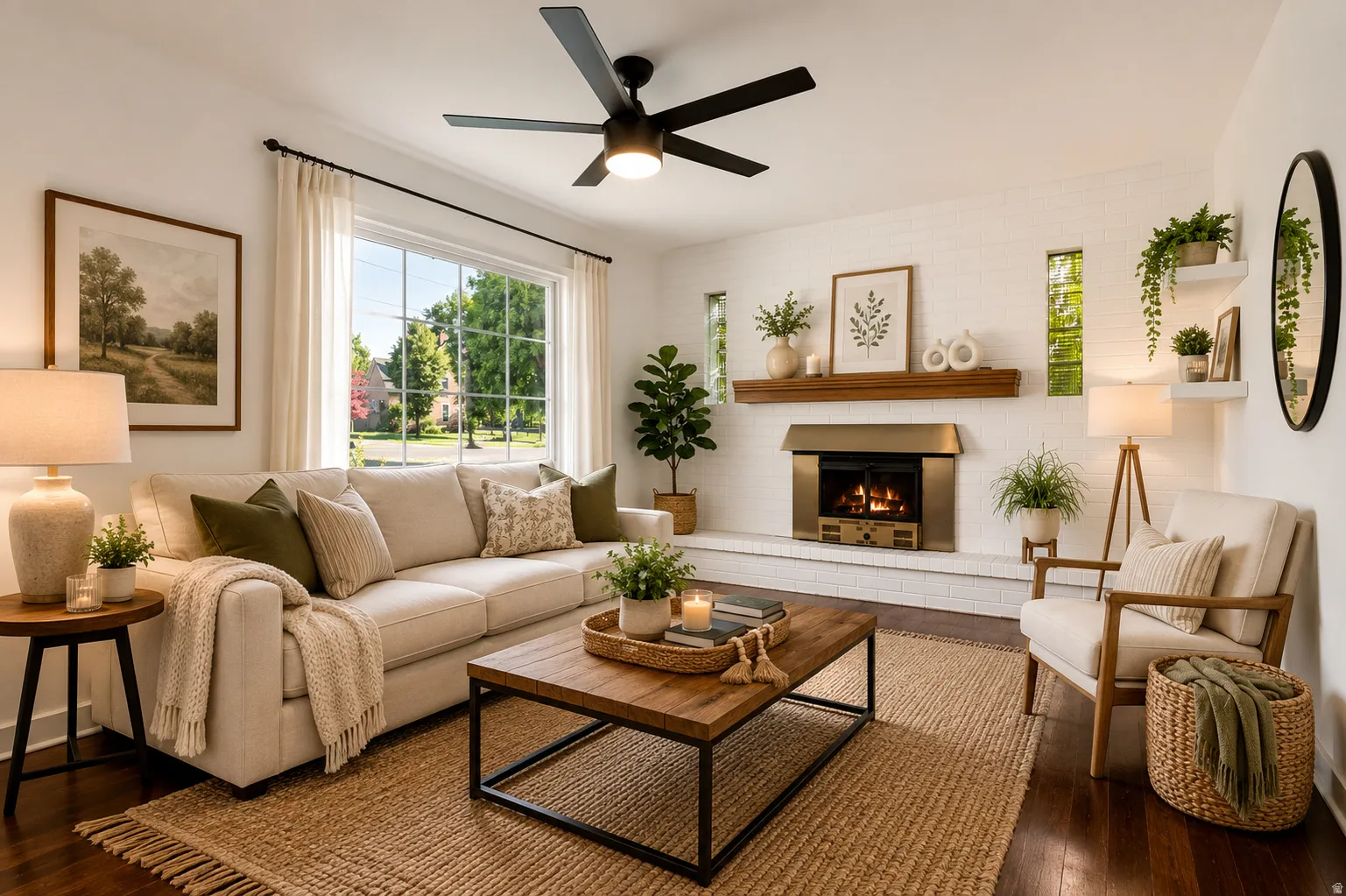 VIRTUALLY STAGED to show possibilities.  Wood burning fireplace, painted brick wall and shelving, original hardwood floors.