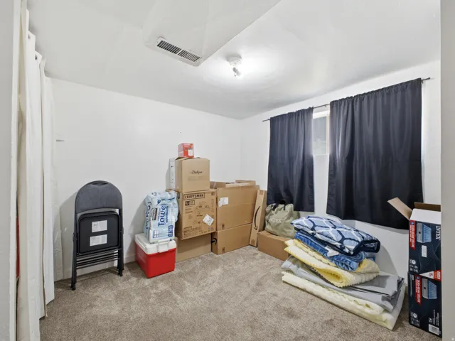Carpeted room with white walls, a single window, and a ceiling-mounted light fixture