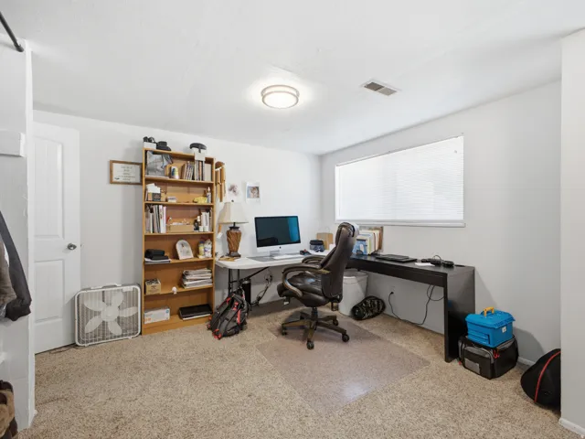 Bright room featuring a large window, neutral carpeting, and a flush-mount ceiling light
