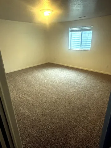 Neutral wall paint, textured carpeting, and window with blinds