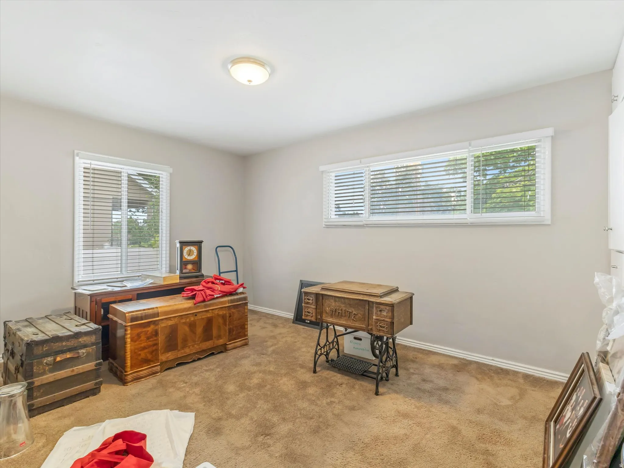 Spacious room featuring neutral wall tones, warm carpet flooring, a flush-mount ceiling light fixture, and two window installations equipped with blinds