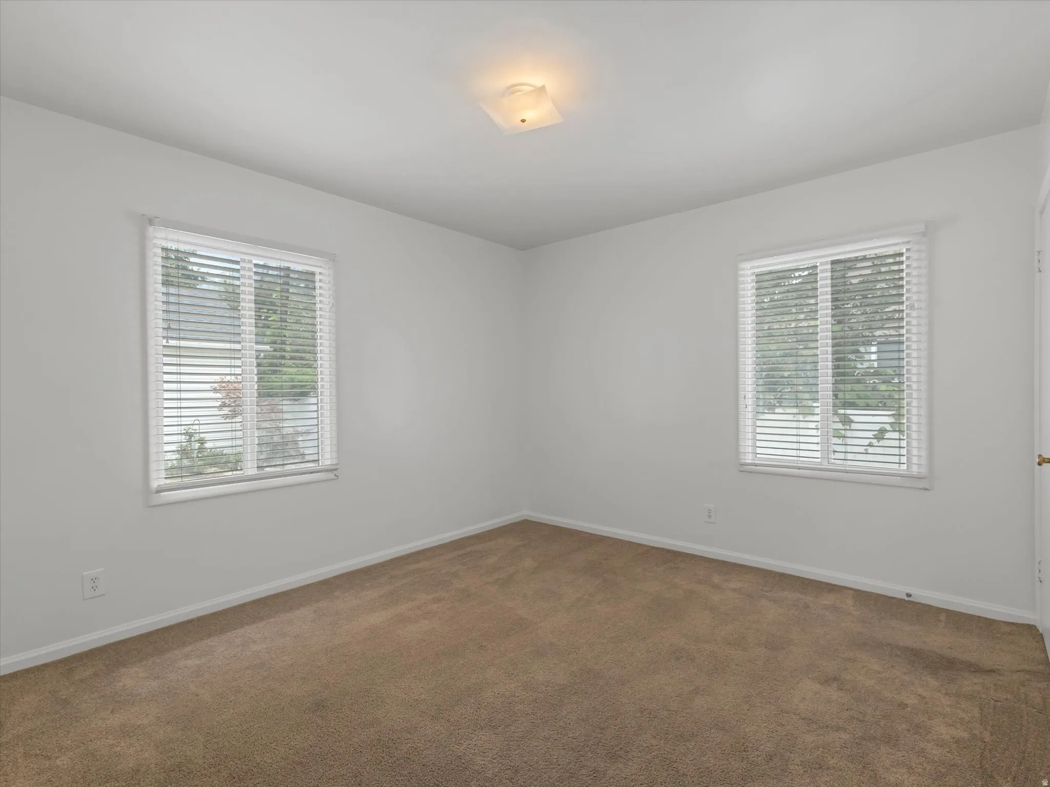 Bright interior space featuring two windows with white blinds, neutral wall paint, and brown carpet flooring
