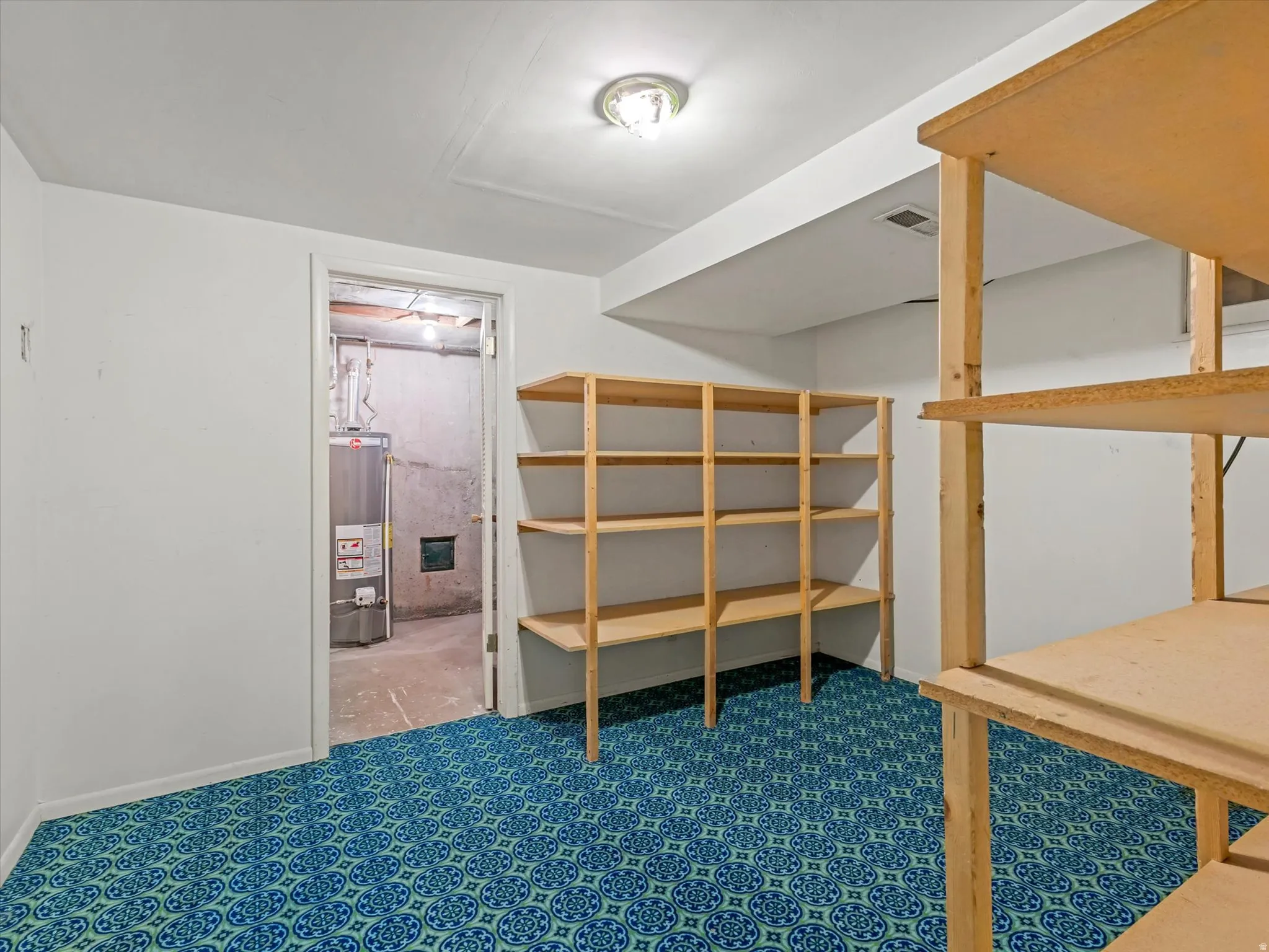 Finished basement area featuring patterned blue carpet, white walls, and built-in shelving units