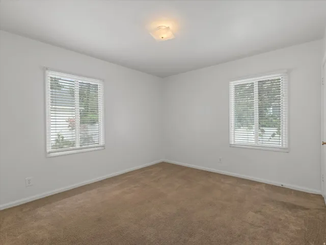 Bright interior space featuring two windows with white blinds, neutral wall paint, and brown carpet flooring
