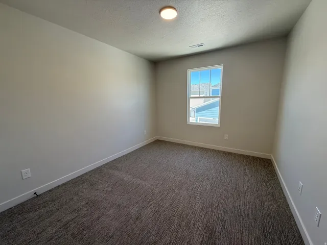 Room featuring light neutral wall paint, textured carpet flooring, a single window, white trim, and a ceiling-mounted light fixture