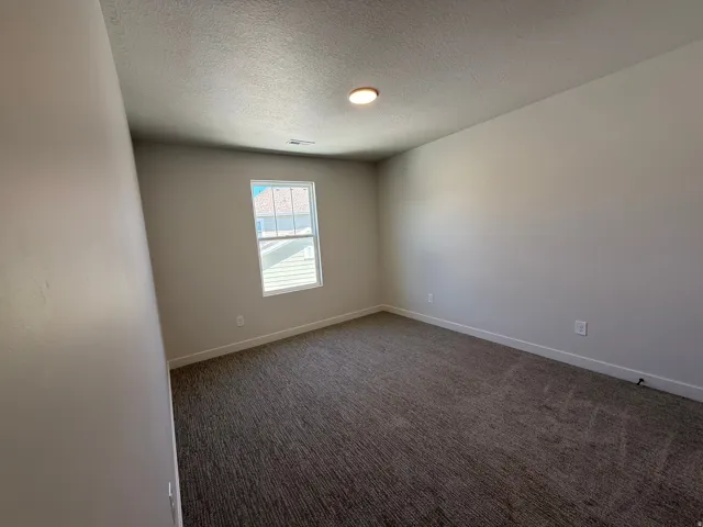 Spacious room featuring a single-pane window, flush-mount ceiling light, light gray painted walls, textured ceiling, and dark gray patterned carpeting